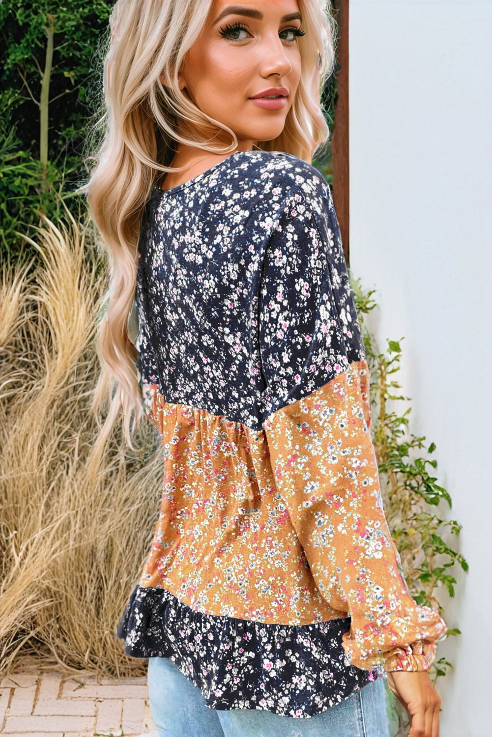 Blue Ditsy Floral Color Block Ruffle Hem Long Sleeve Top - The Fair Lady Shop