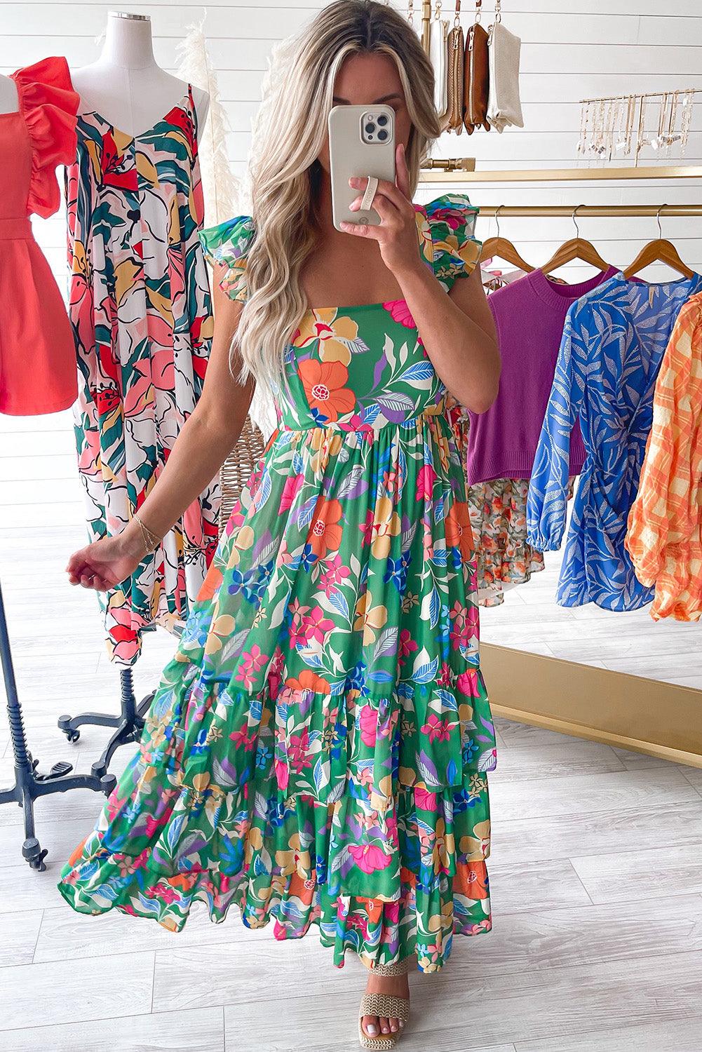 Pink Floral Print Sleeveless Ruffle Tiered Maxi Dress - The Fair Lady Shop