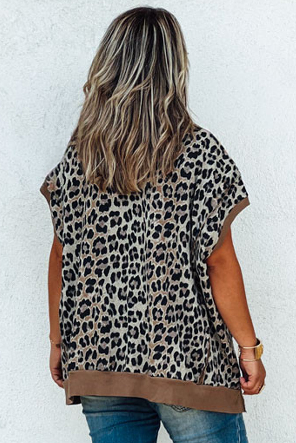 Khaki Leopard Contrast Trim Short Sleeve Loose Plus Size Top - The Fair Lady Shop