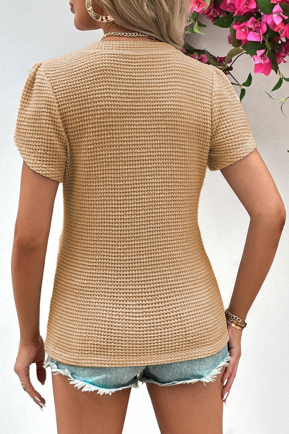 Mist Green Tulip Sleeve Waffle Knit V Neck T-Shirt - The Fair Lady Shop