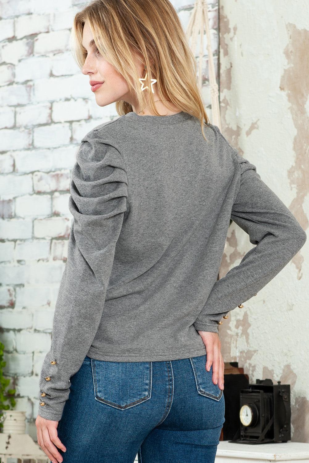Khaki Plain Buttoned Puff Long Sleeve Sheath Top - The Fair Lady Shop