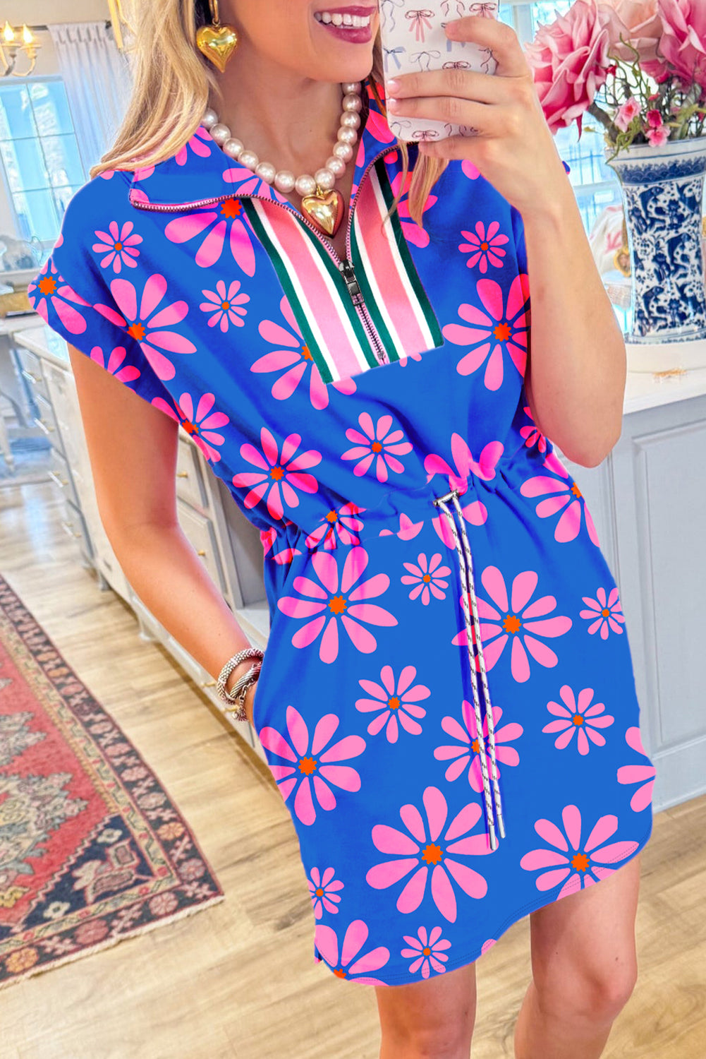 Purple Pop of Color Quarter Zip Collar Drawstring Waist Floral Mini Dress - The Fair Lady Shop