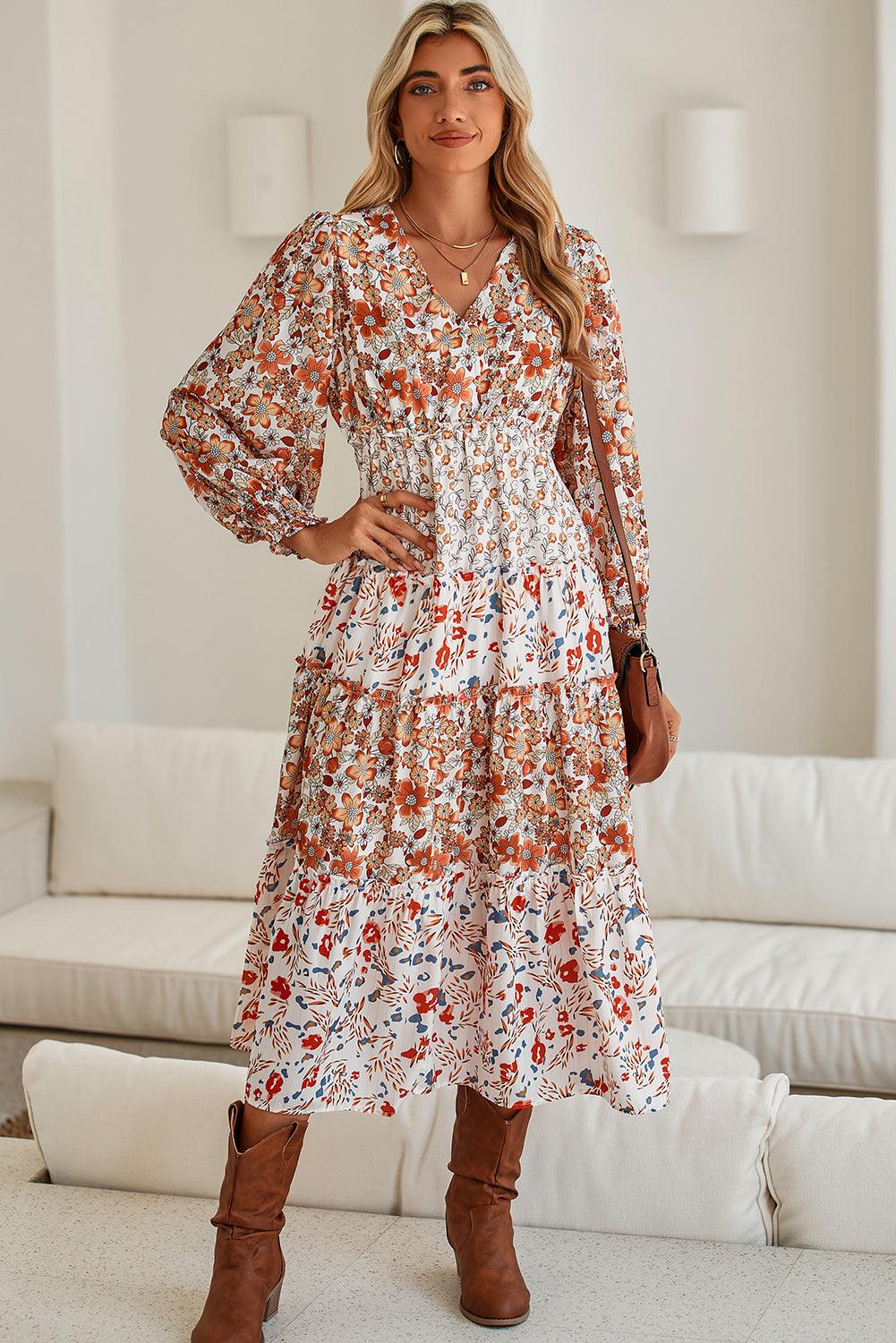 Khaki Floral Print Ruffled Tiered Long Sleeve V Neck Midi Dress - The Fair Lady Shop