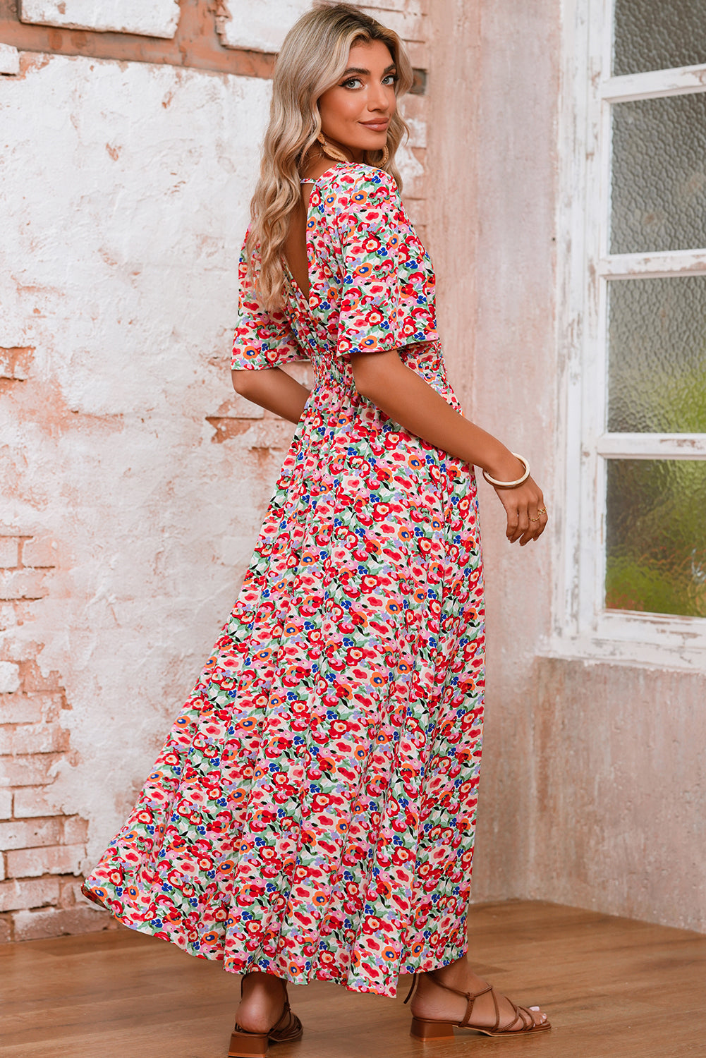 Red Floral Half Sleeve Deep V Neck Cutout Back Split Maxi Dress - The Fair Lady Shop