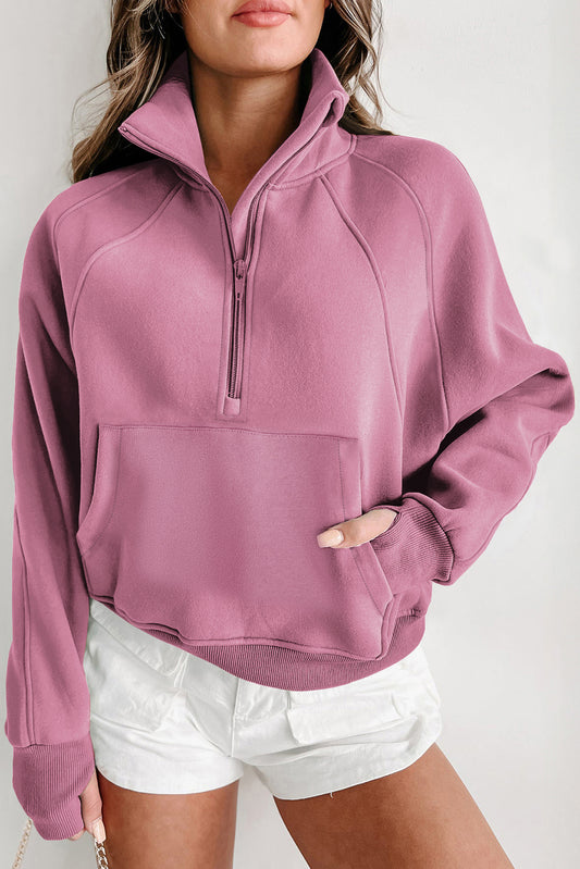 Phalaenopsis Zip Up Stand Collar Ribbed Thumbhole Sleeve Sweatshirt - The Fair Lady Shop