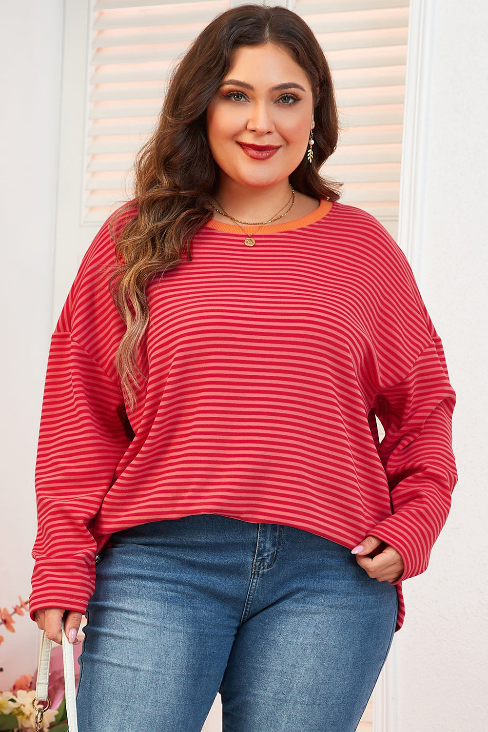 Orange Stripe Plus Size Drop Shoulder Long Sleeve Top - The Fair Lady Shop