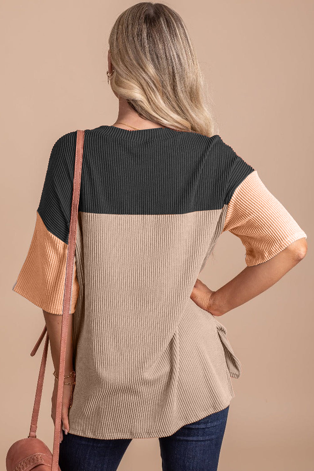 Black Color Block Ribbed Side Slits Half Sleeve Top - The Fair Lady Shop