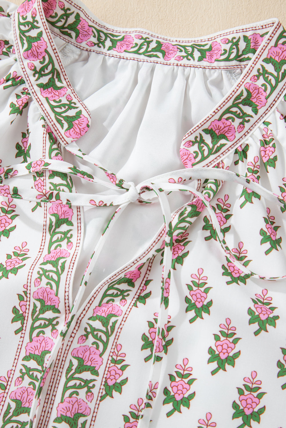 Pink Floral Print Drawstring V Neck Bishop Sleeve Boho Dress - The Fair Lady Shop