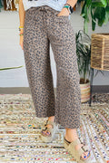 Khaki Leopard Print Drawstring Waist Pocketed Wide Leg Jeans - The Fair Lady Shop