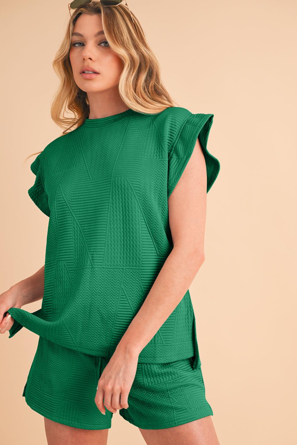 Dark Green Textured Ruffle Split Top and Drawstring Shorts Set - The Fair Lady Shop