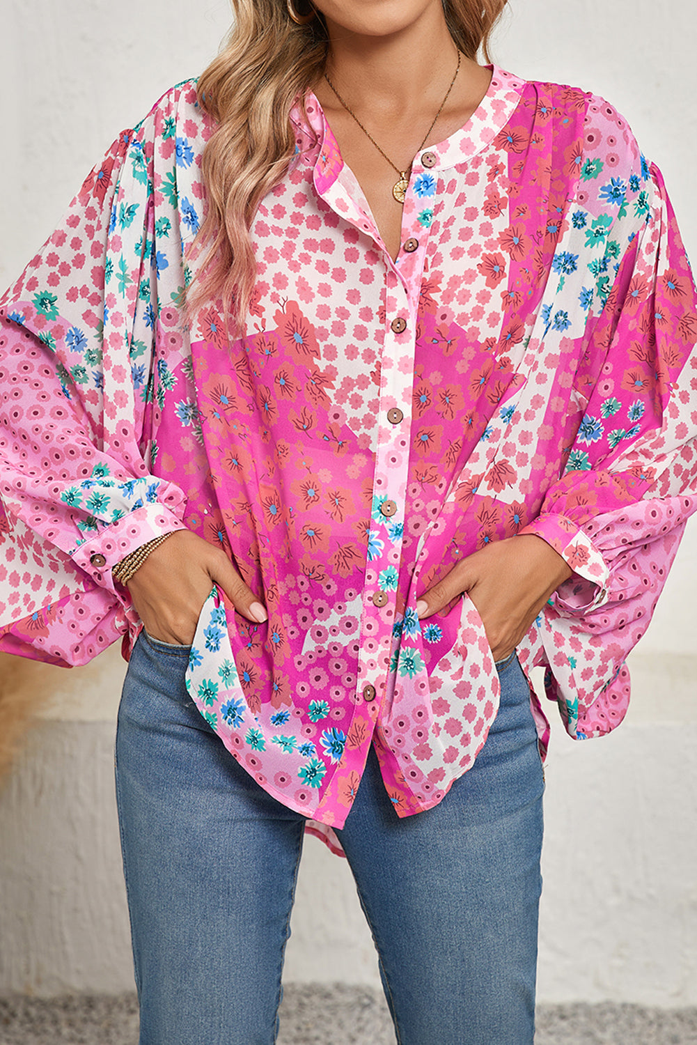 Rose Red Floral Print Dolman Sleeve Blouse - The Fair Lady Shop