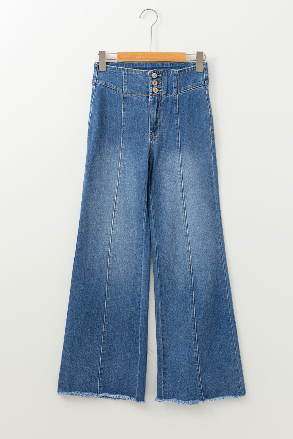 Sail Blue High Waist Button Raw Hem Jeans - The Fair Lady Shop