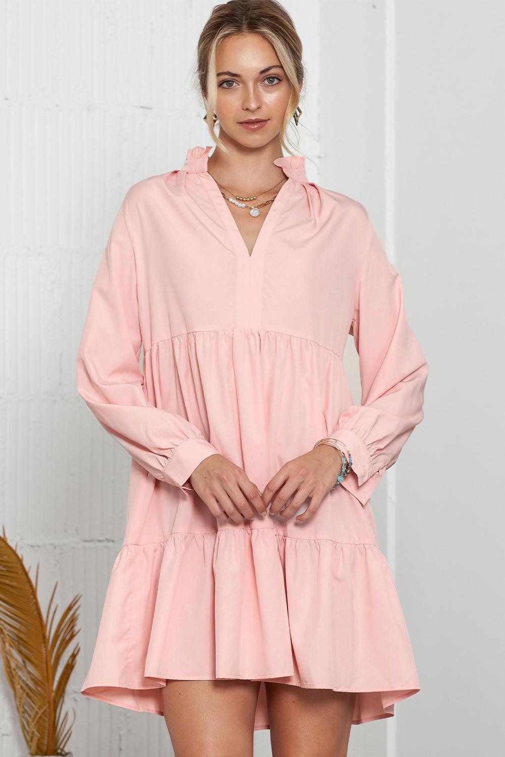 Pink Casual Stand V Neck Short Frill Dress - The Fair Lady Shop