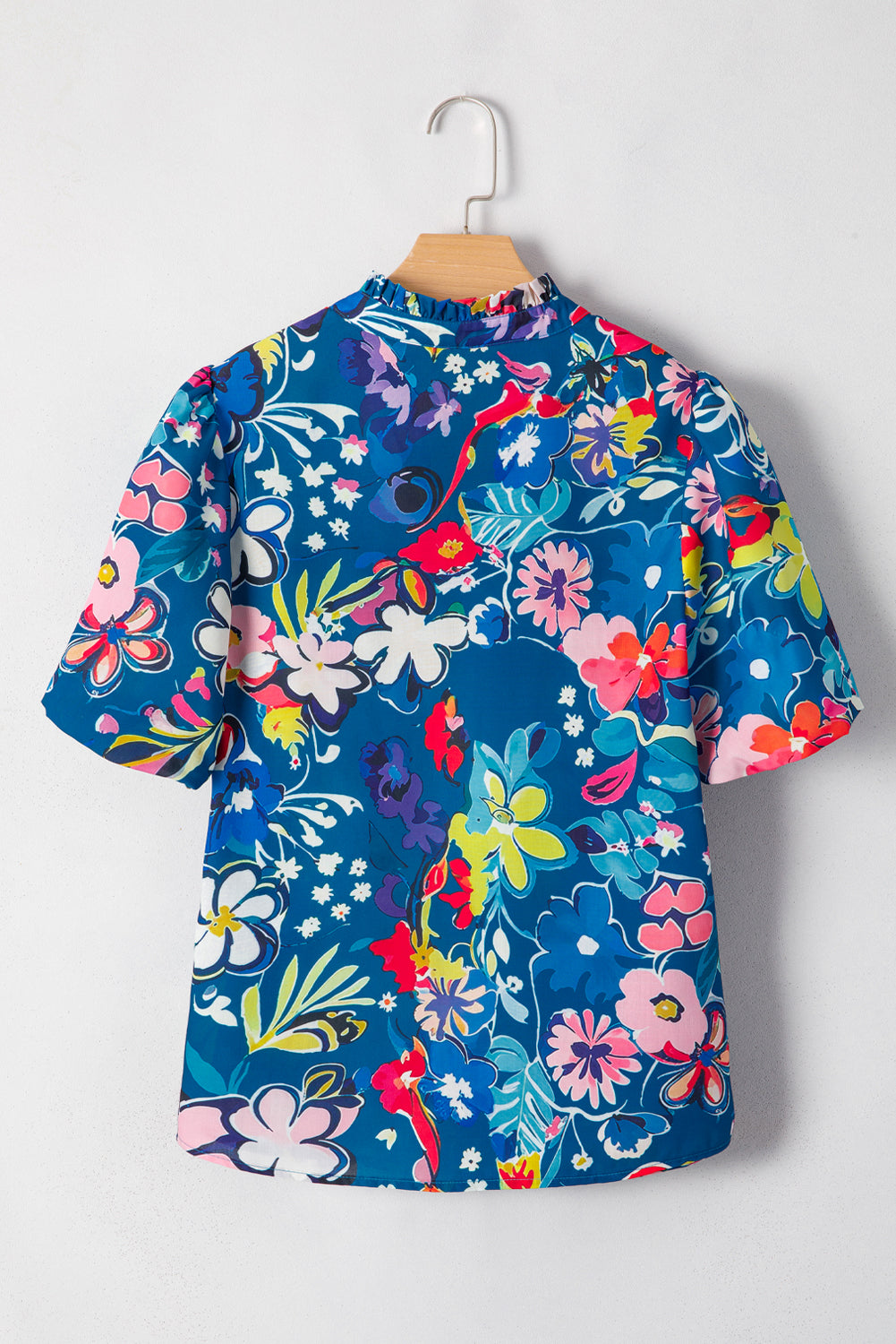 Blue Flower Print Notch V Neck Puff Sleeve Babydoll Blouse - The Fair Lady Shop