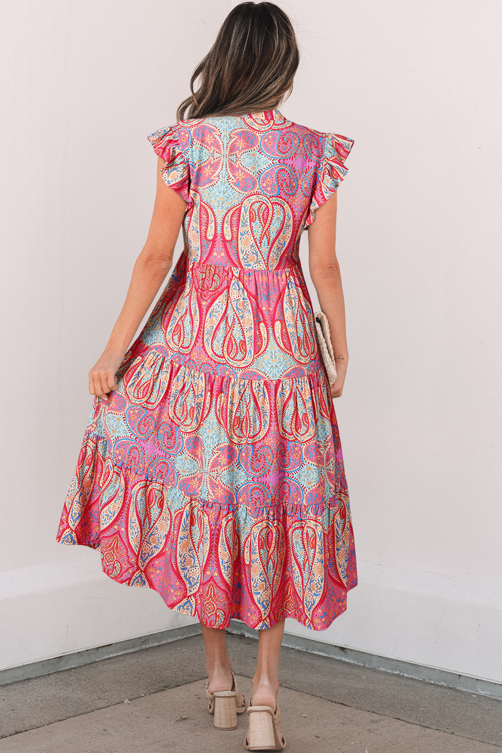 Rose Ethnic Paisley Print Ruffle Sleeve Notch Neck Midi Dress - The Fair Lady Shop