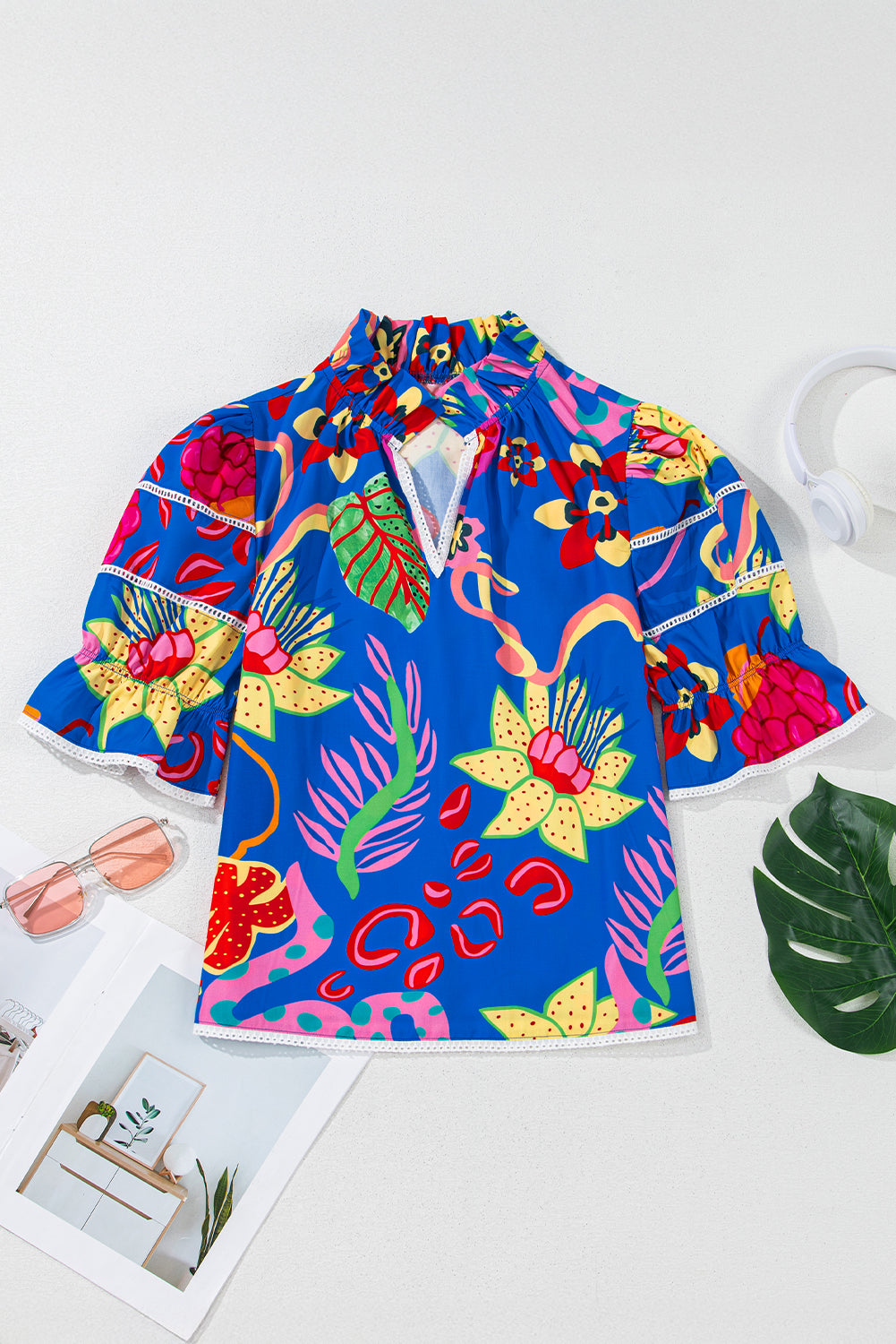 Blue Frill V-neck Abstract Print Blouse - The Fair Lady Shop