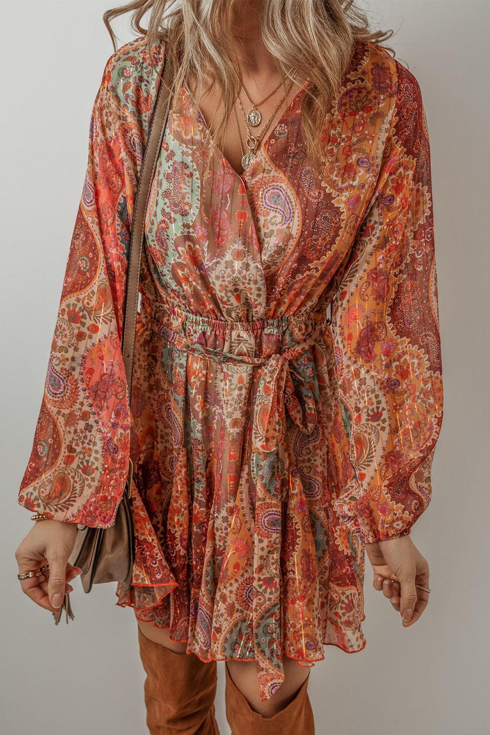 Orange Boho Paisley Print Long Sleeve Pleated Belted Mini Dress - The Fair Lady Shop