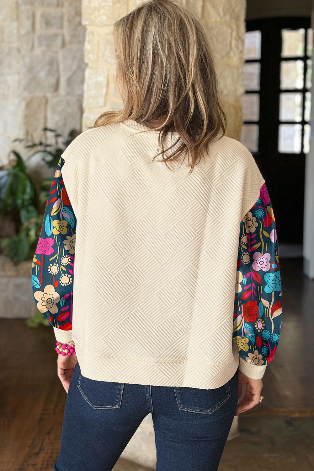 White Floral Patchwork Sleeve Textured Plus Size Pullover Top - The Fair Lady Shop