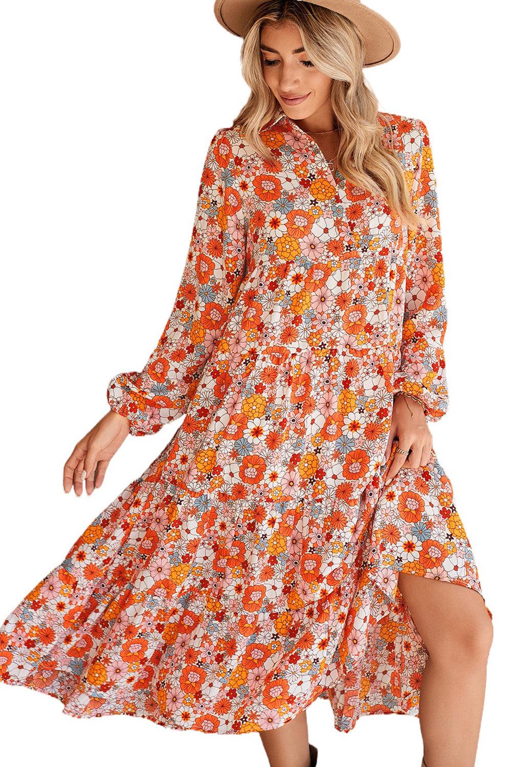 Multicolor Boho Floral Collared Long Sleeve Dress - The Fair Lady Shop