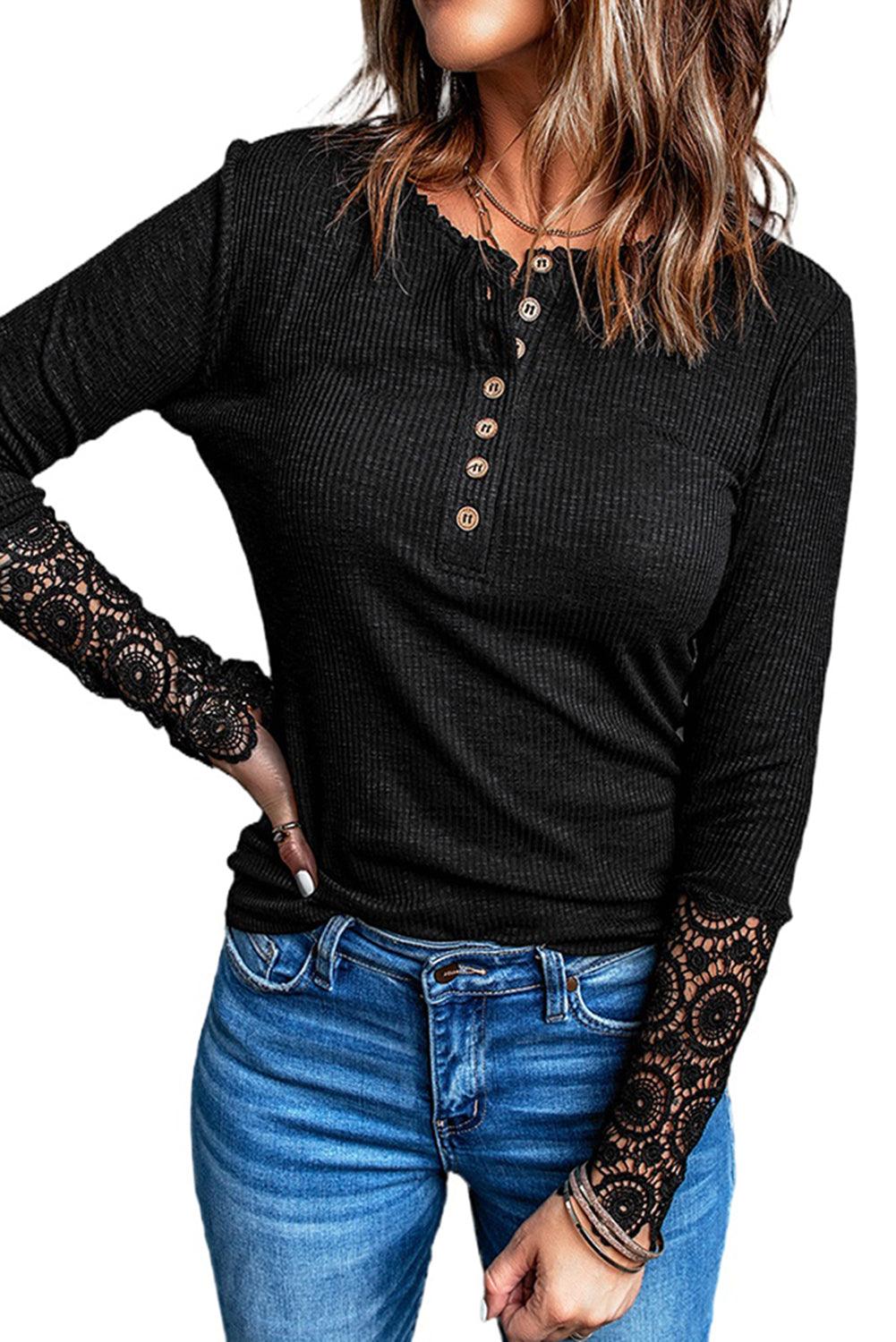 Beige Ribbed Lace Crochet Long Sleeve Henley Shirt for Women - The Fair Lady Shop