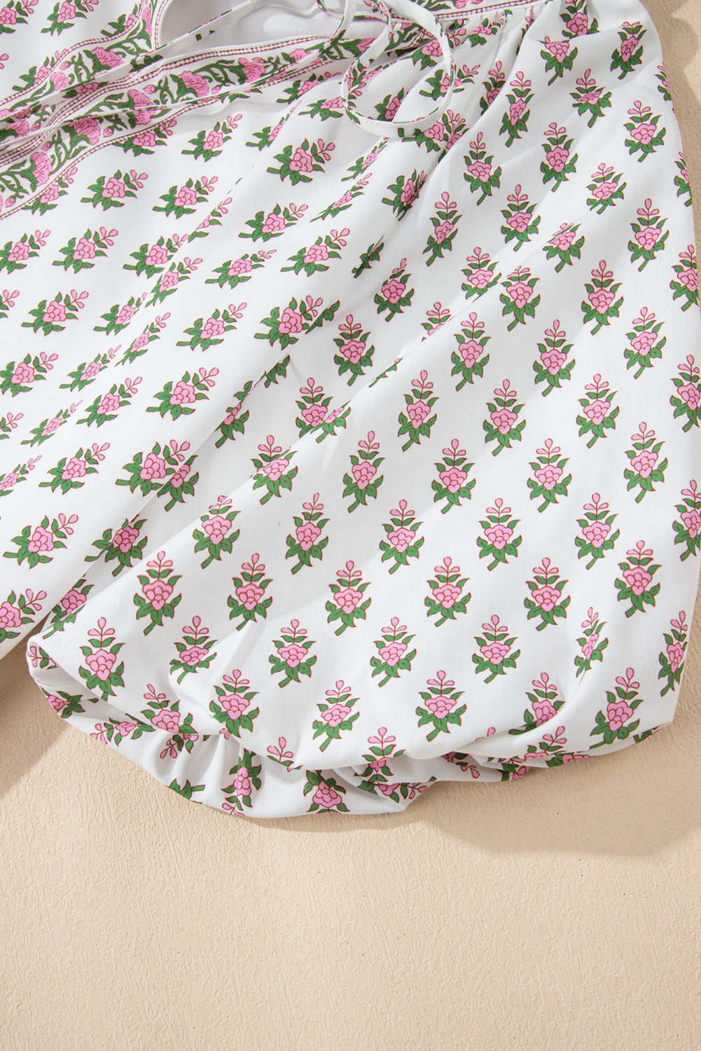 Pink Floral Print Drawstring V Neck Bishop Sleeve Boho Dress - The Fair Lady Shop