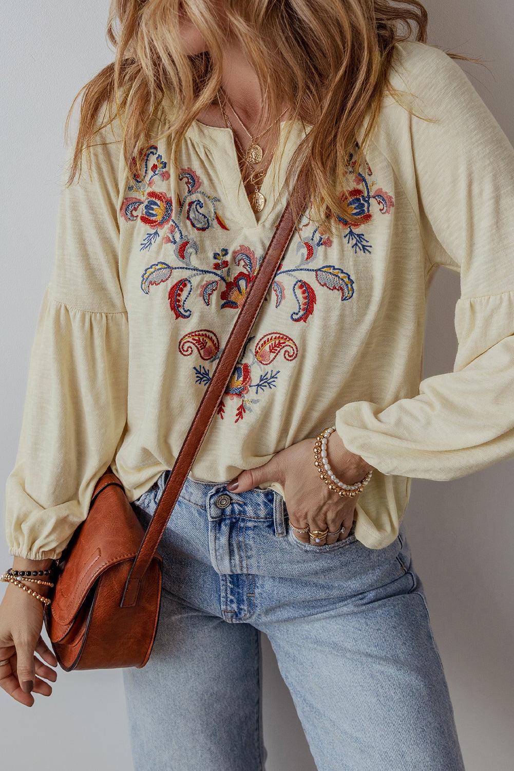 Apricot Paisley Floral Embroidered Notch V Neck Blouse - The Fair Lady Shop