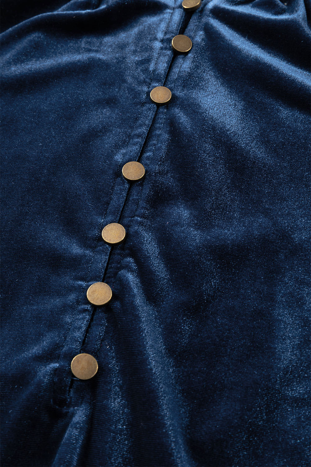 Navy Blue Frilled Buttoned V Neck Velvet Blouse - The Fair Lady Shop