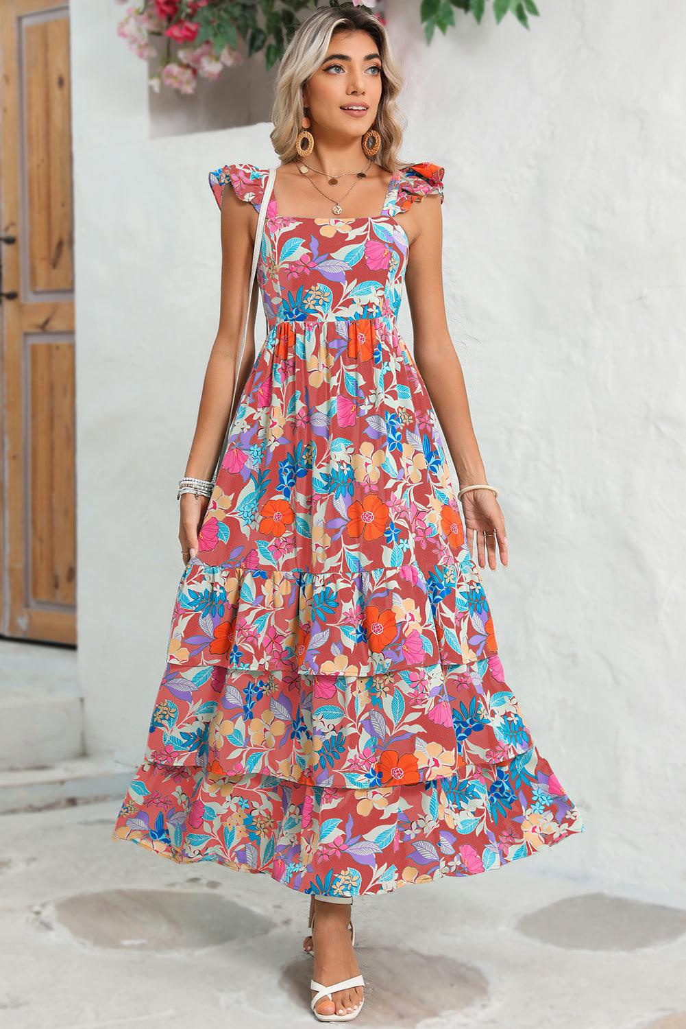 Pink Floral Print Sleeveless Ruffle Tiered Maxi Dress - The Fair Lady Shop