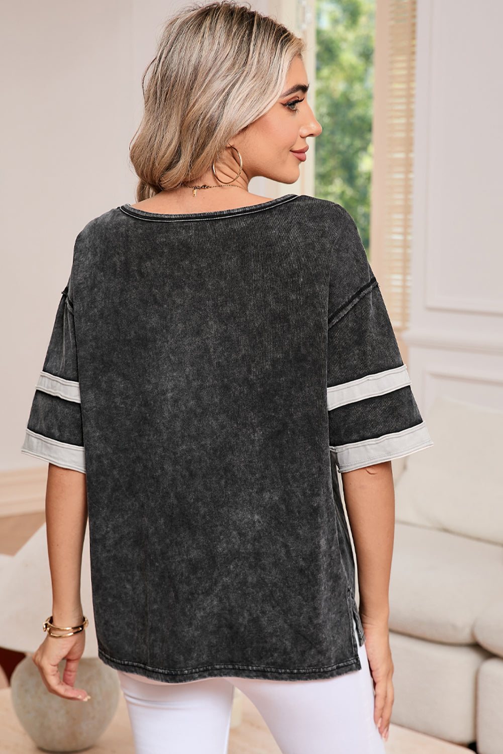 Black Vintage Stripe Sleeve Cotton T-shirt - The Fair Lady Shop