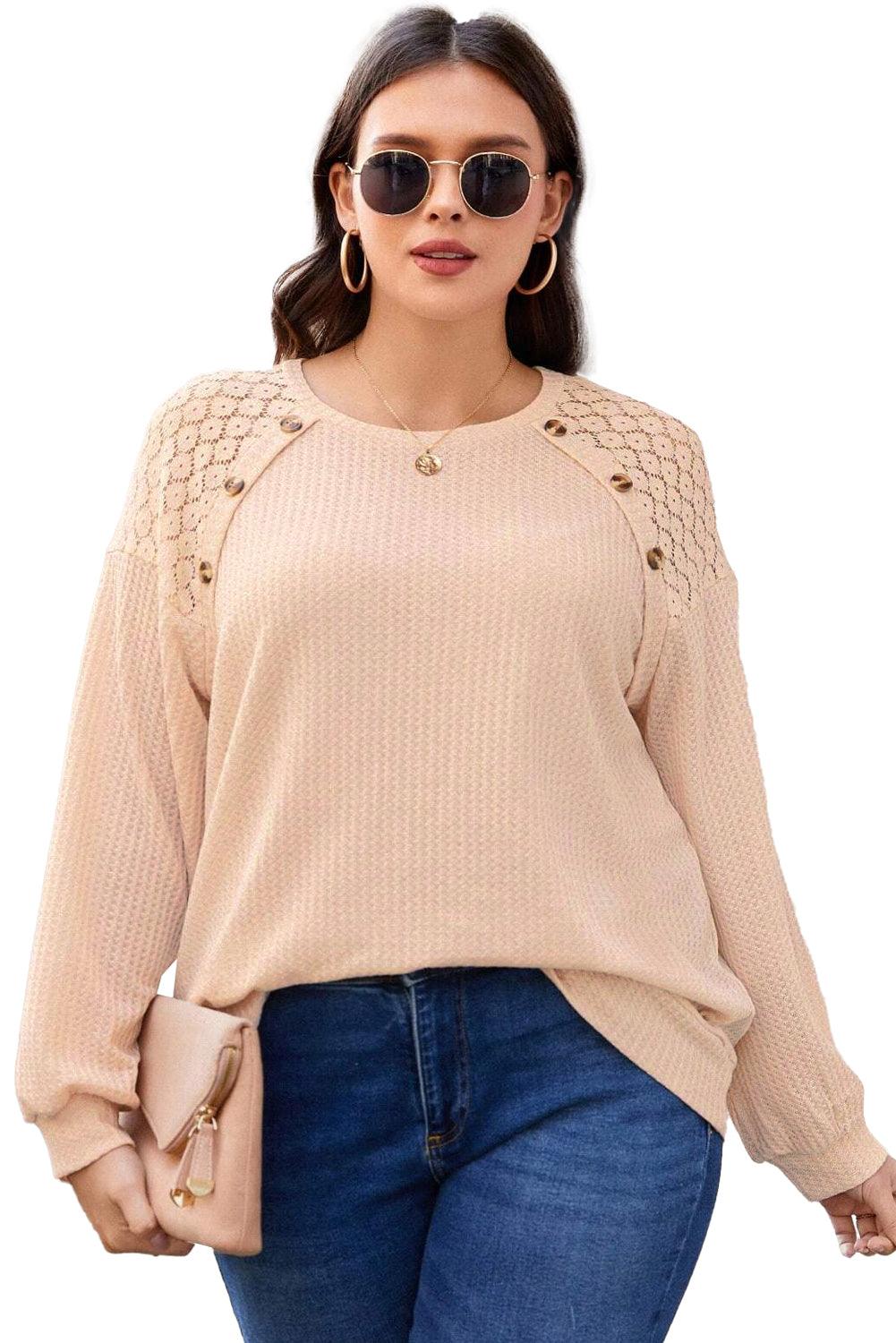 Beige Plus Size Lace Patchwork Buttons Waffle Knit Top - The Fair Lady Shop