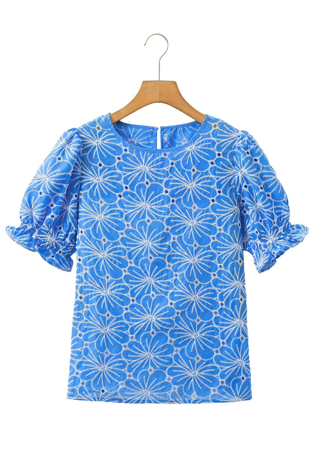 Sky Blue Boho Floral Eyelet Puff Sleeve Blouse - The Fair Lady Shop