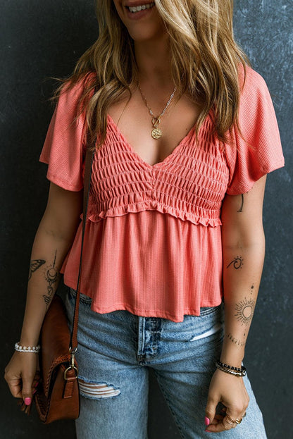 Tomato Red Shirred V Neck Short Flutter Sleeve Textured Blouse - The Fair Lady Shop