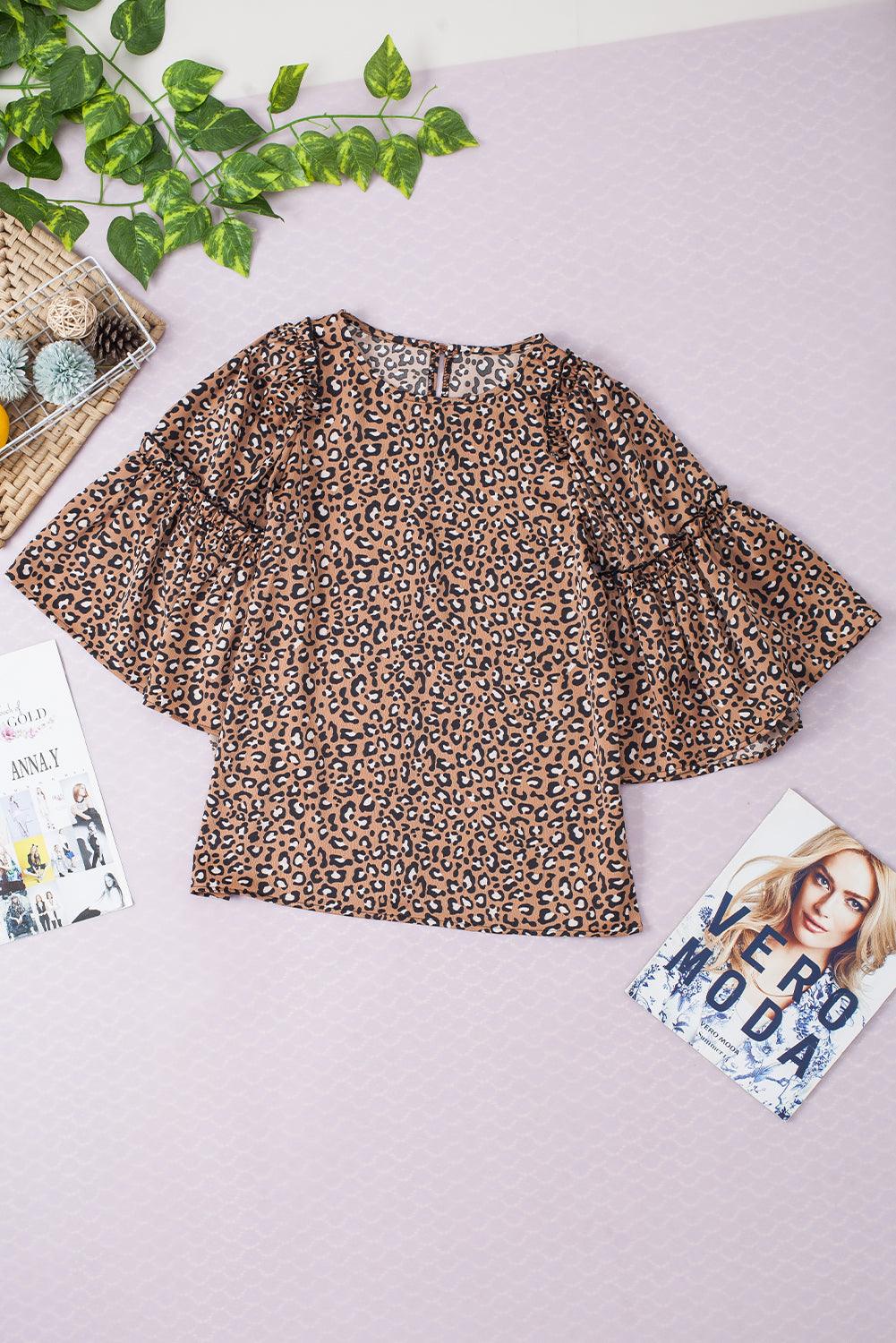 Chestnut Leopard Ruffle Flounce Sleeve Blouse - The Fair Lady Shop