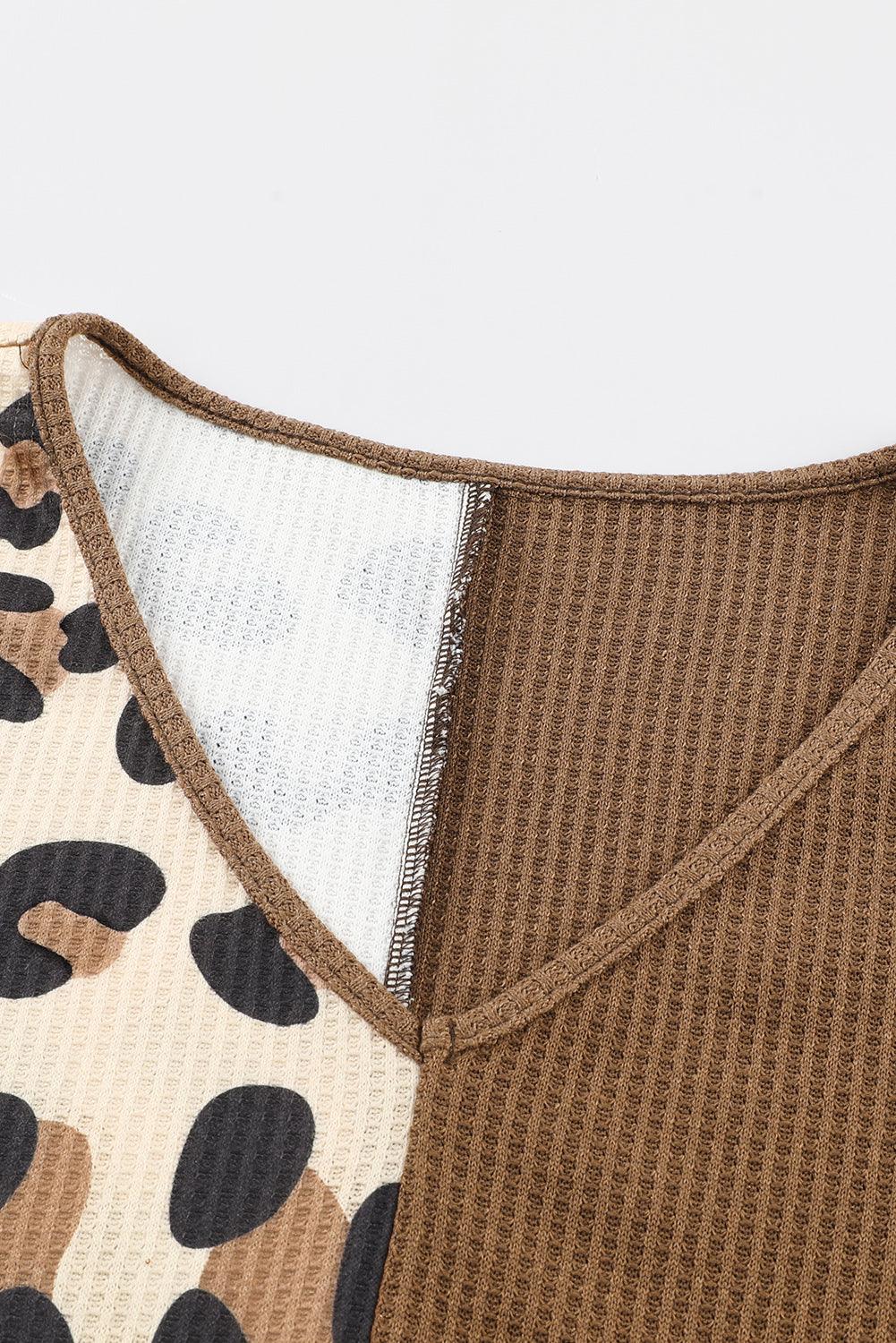 Brown Leopard Print Color Block Waffle Knit V Neck Long Sleeve Top - The Fair Lady Shop