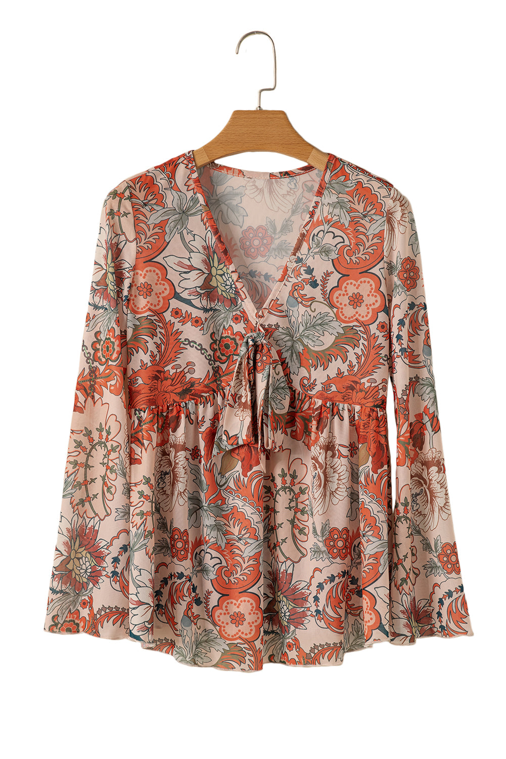 Orange Floral Bell Sleeve Pleated Blouse - The Fair Lady Shop