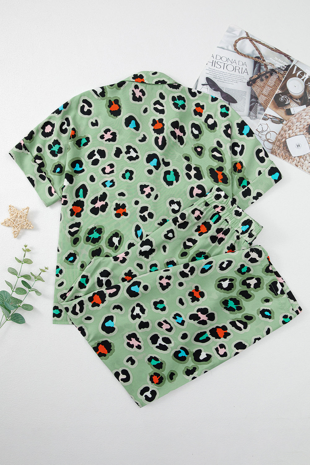 Green Leopard Print Short Sleeve Shirt and Wide Leg Pants Set - The Fair Lady Shop
