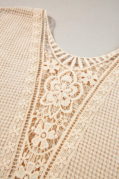 Beige Hollowed Lace Applique Plus Size Waffle T Shirt - The Fair Lady Shop