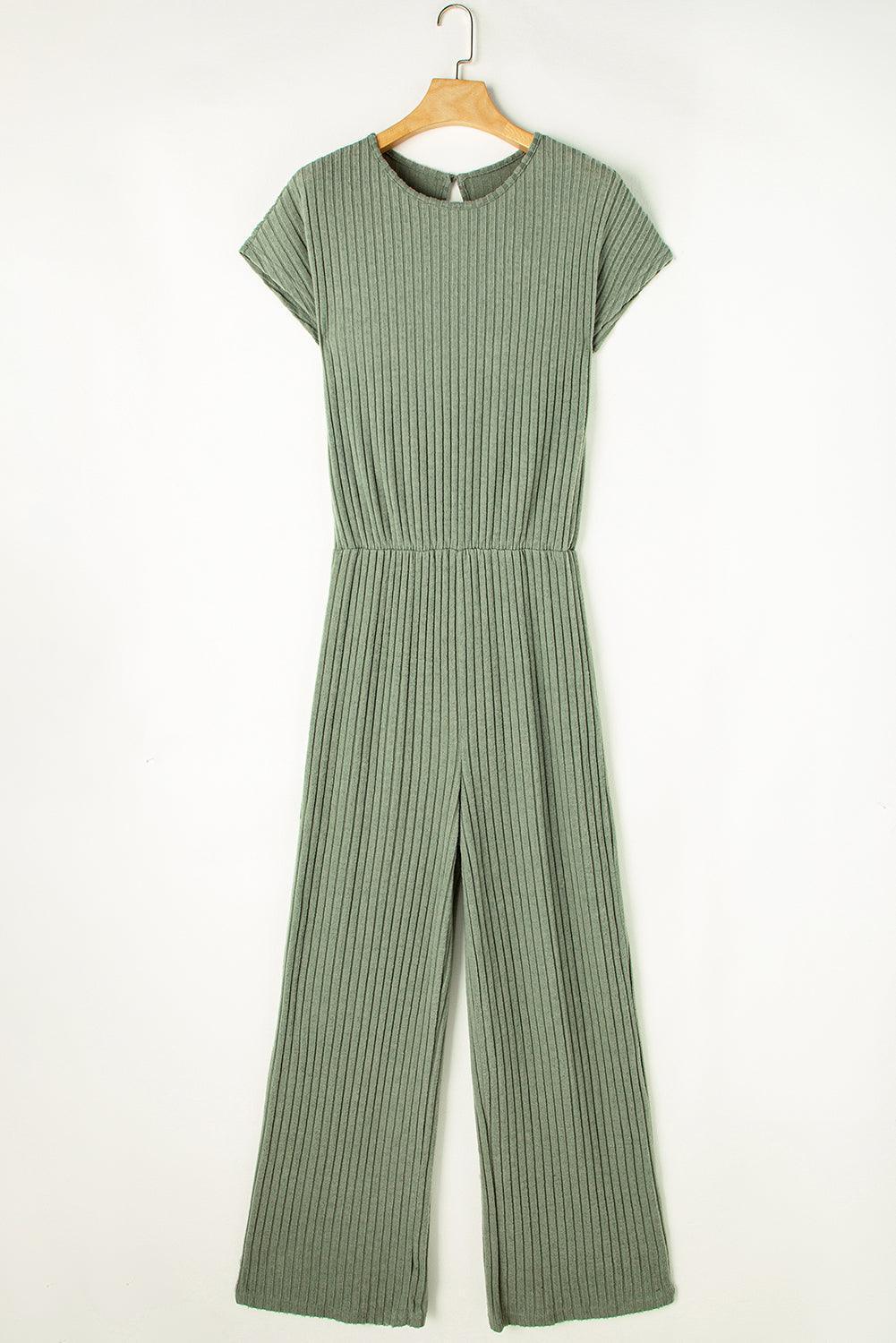 Grass Green Solid Color Ribbed Short Sleeve Wide Leg Jumpsuit - The Fair Lady Shop