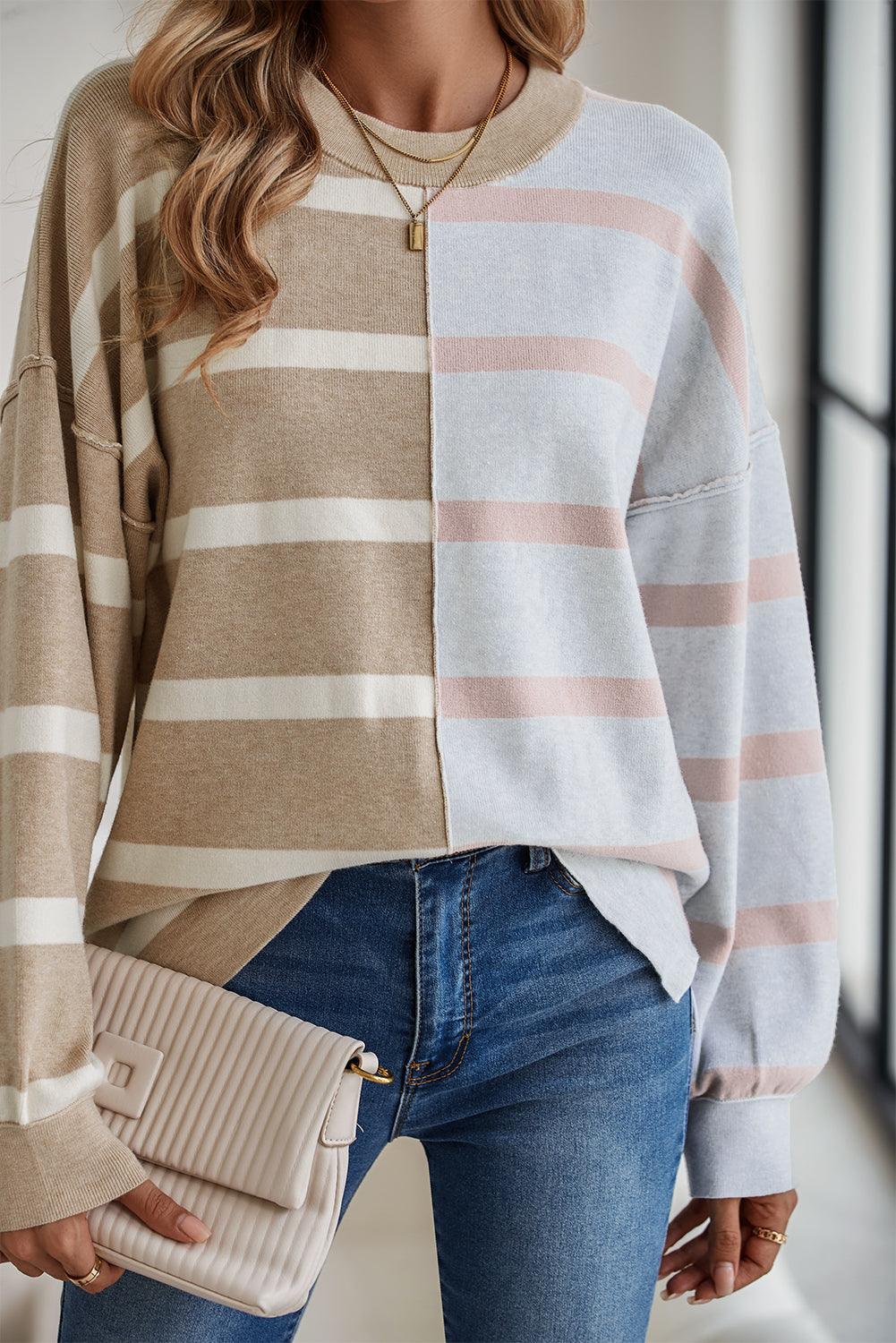 Khaki Stripe Exposed Seam Patchwork Loose Sweatshirts - The Fair Lady Shop