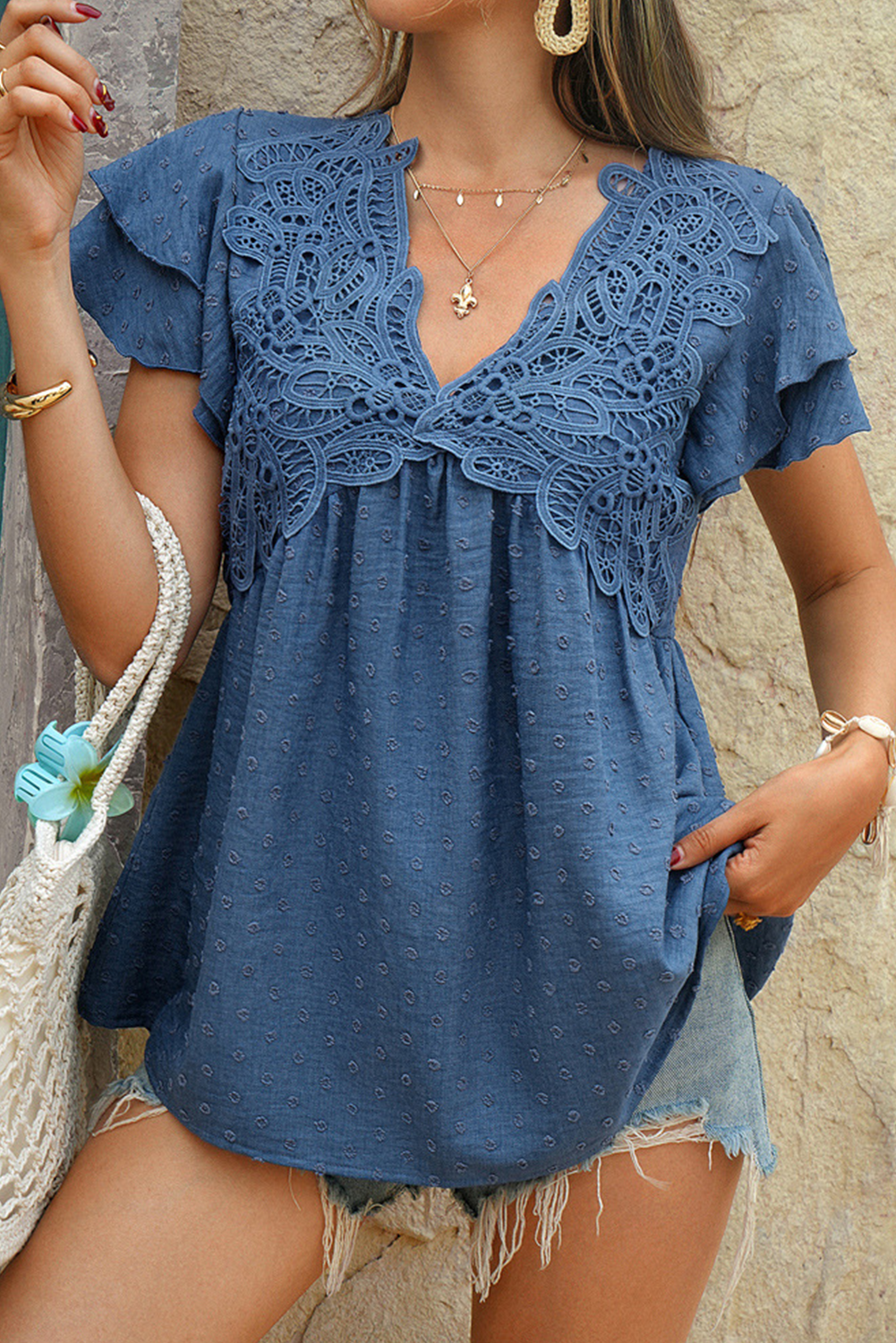 Sail Blue Swiss Dot Lace Floral V Neck Ruffle Sleeve Blouse - The Fair Lady Shop