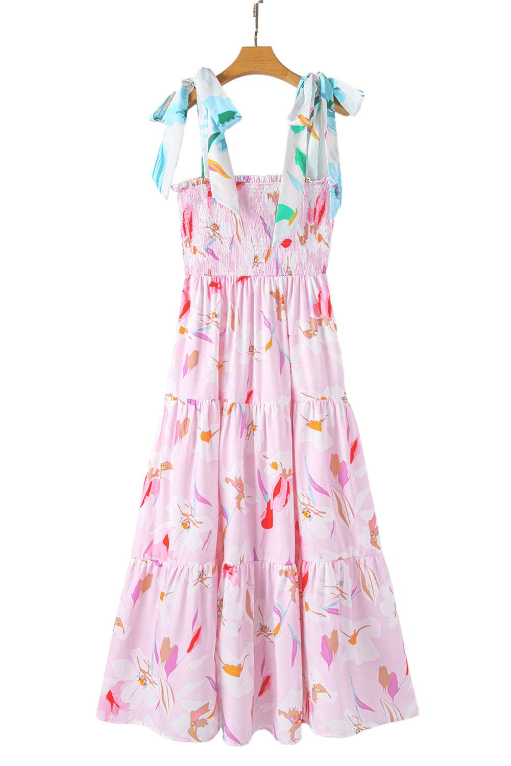 Pink Floral Print Knotted Shoulder Smocked Maxi Dress - The Fair Lady Shop