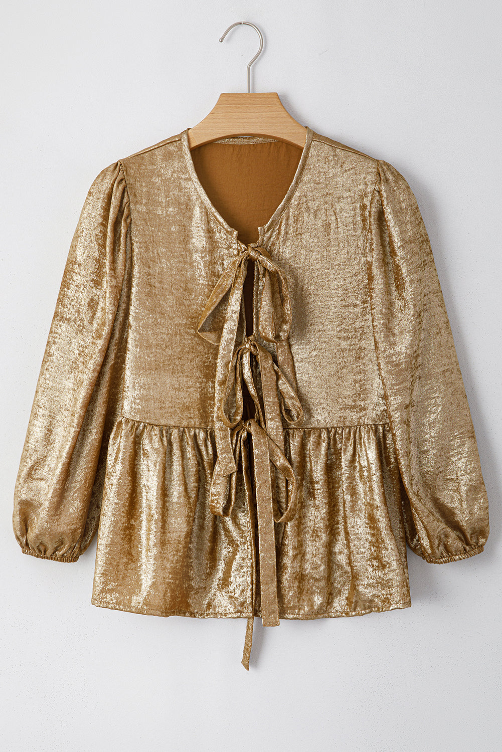Gold Solid Color Bowknot Front Puff Sleeve Blouse - The Fair Lady Shop