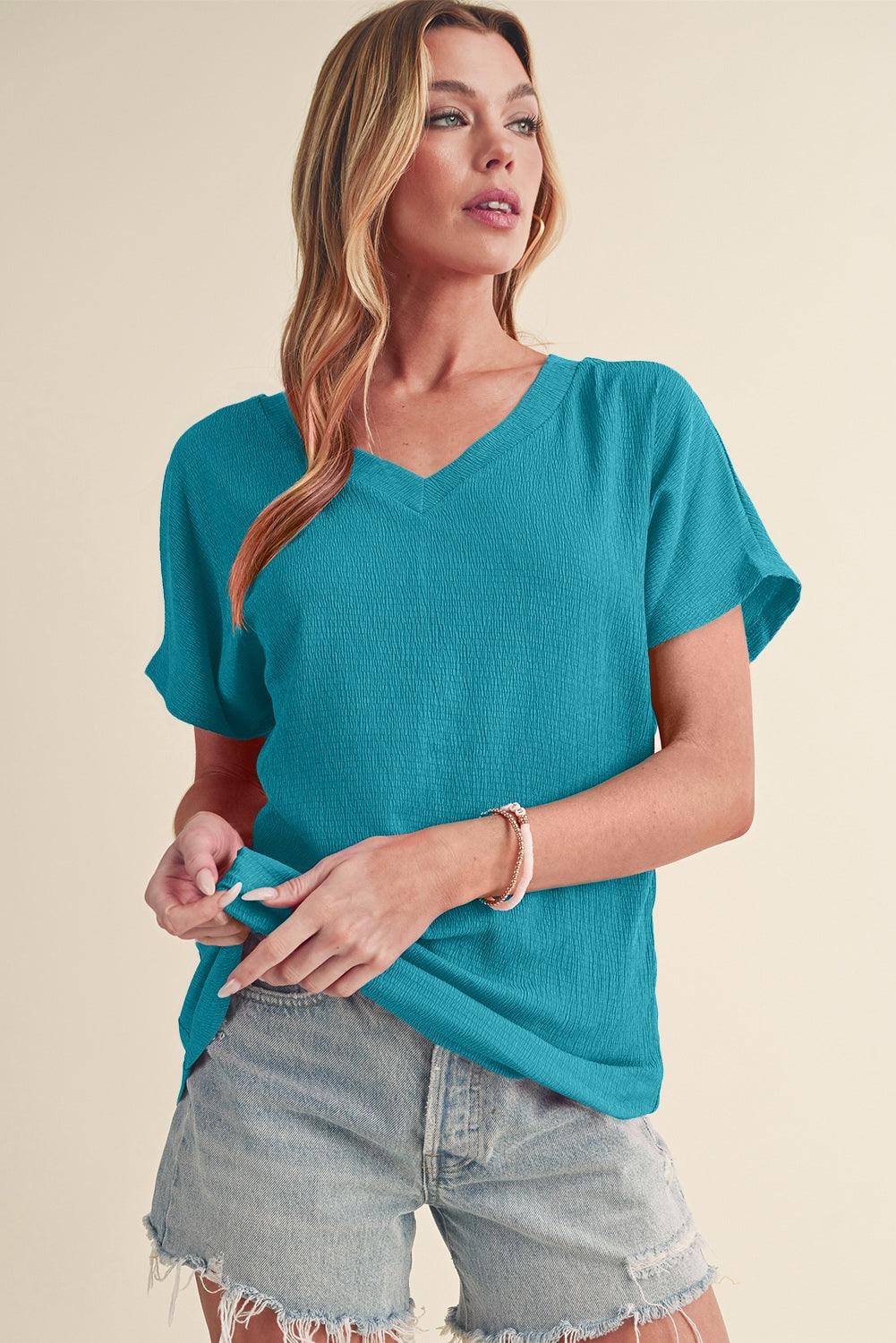 Blue Plain Crinkled V Neck Flounce Sleeve T Shirt - The Fair Lady Shop