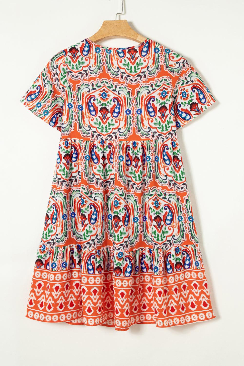 Orange Bohemian Tie Neck Flounce Sleeve Ruffle Hem Mini Dress - The Fair Lady Shop
