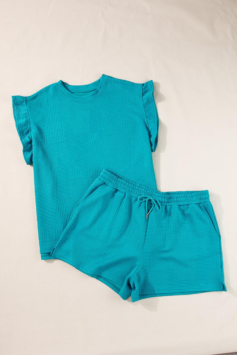 Dark Green Textured Ruffle Split Top and Drawstring Shorts Set - The Fair Lady Shop