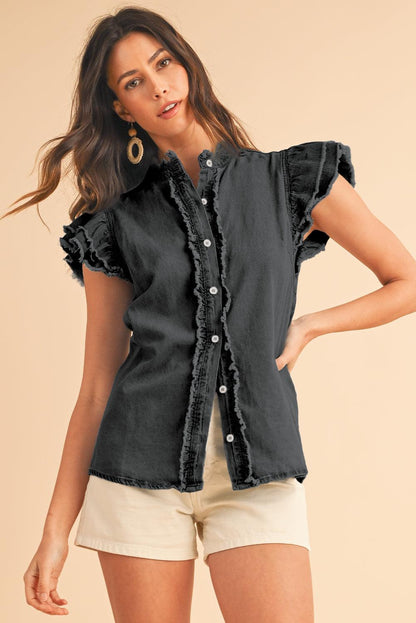 Ashleigh Blue Button Front Ruffled Flutter Frayed Denim Top - The Fair Lady Shop