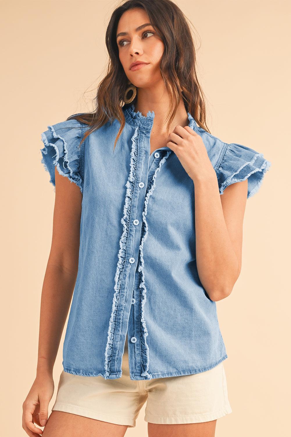 Ashleigh Blue Button Front Ruffled Flutter Frayed Denim Top - The Fair Lady Shop