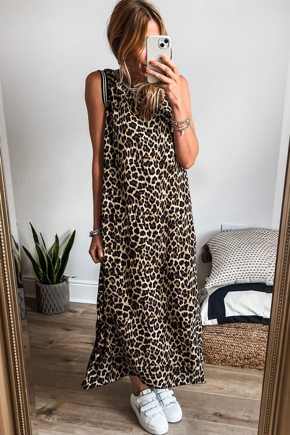 Black Contrast Striped Trim Leopard Sleeveless Midi Dress - The Fair Lady Shop