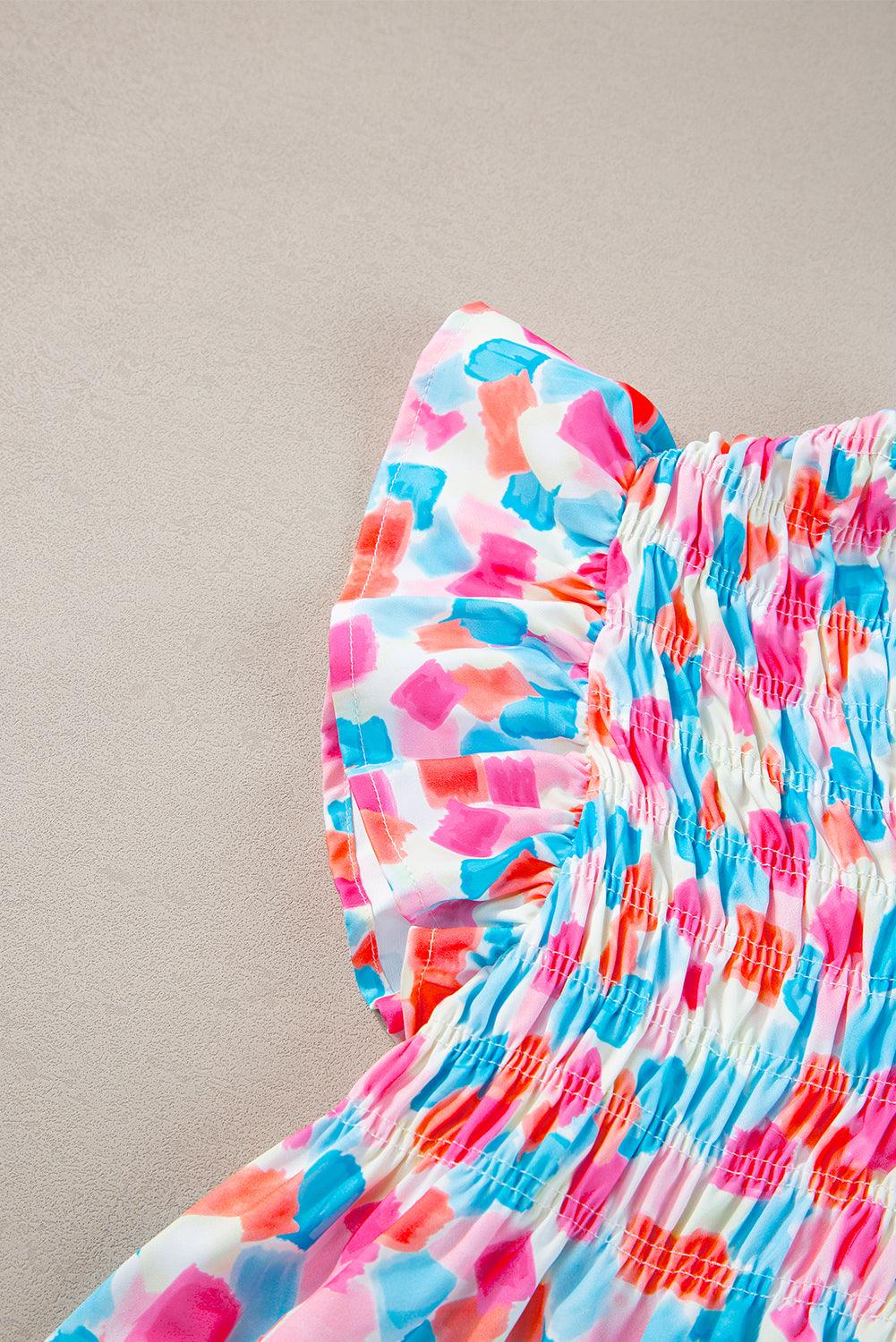 Pink Shirred Yoke Ruffle Abstract Blouse - The Fair Lady Shop
