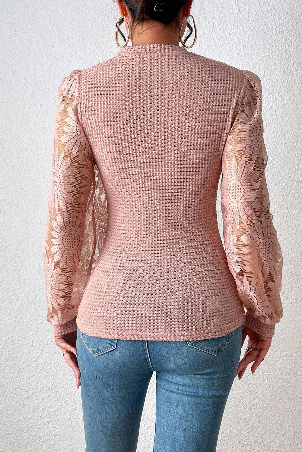 Peach Blossom Sunflower Lace Long Sleeve Waffle Knit Top - The Fair Lady Shop